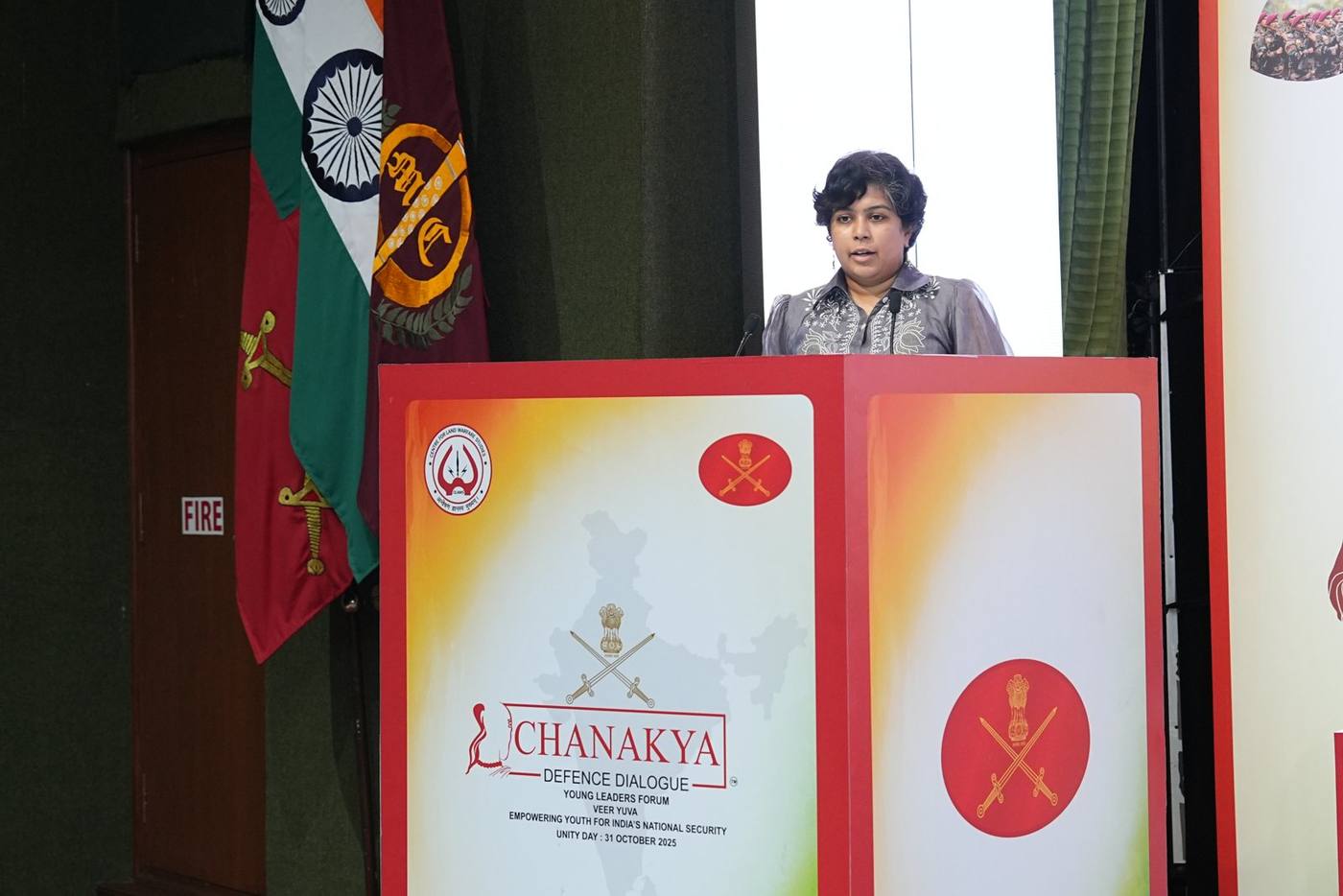 Sanjana Rathi at the podium at the Chanakya Defence Dialogue