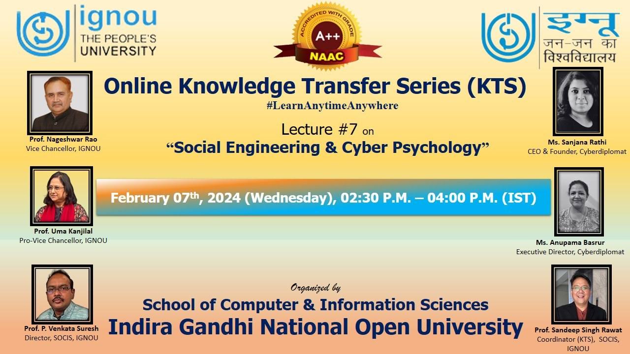 IGNOU Knowledge Transfer Series lecture poster: Social Engineering & Cyber Psychology