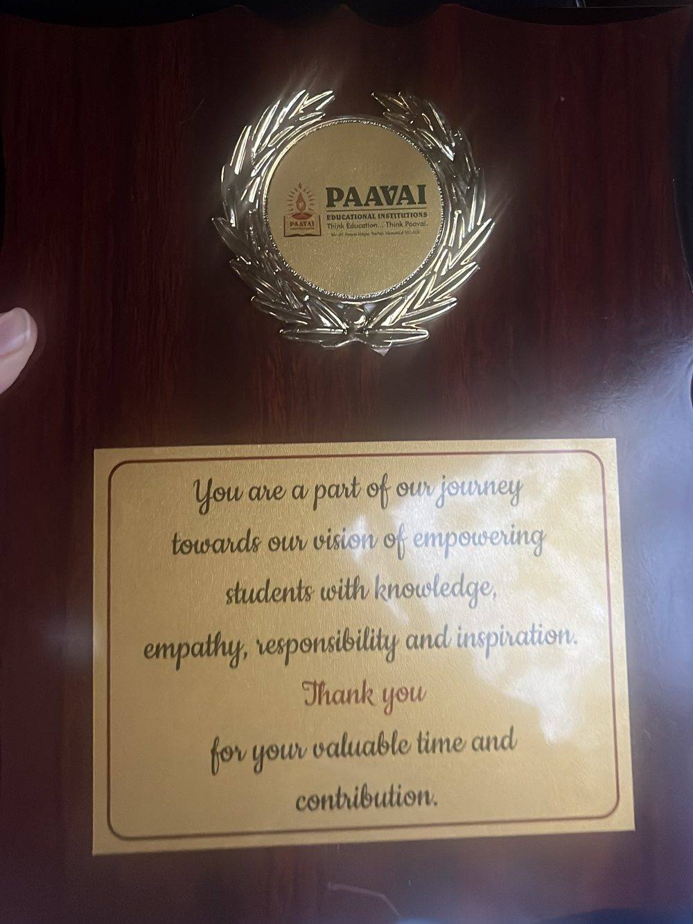 Memento plaque from Paavai Educational Institutions