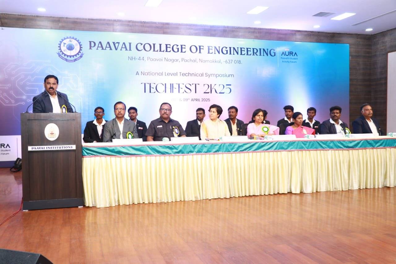 The dais at TECHFEST 2K25, Paavai College of Engineering