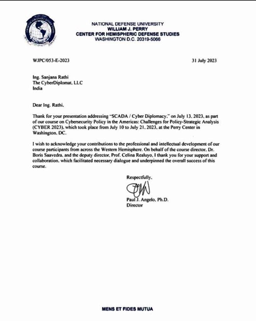 Letter of appreciation from the William J. Perry Center for Hemispheric Defense Studies
