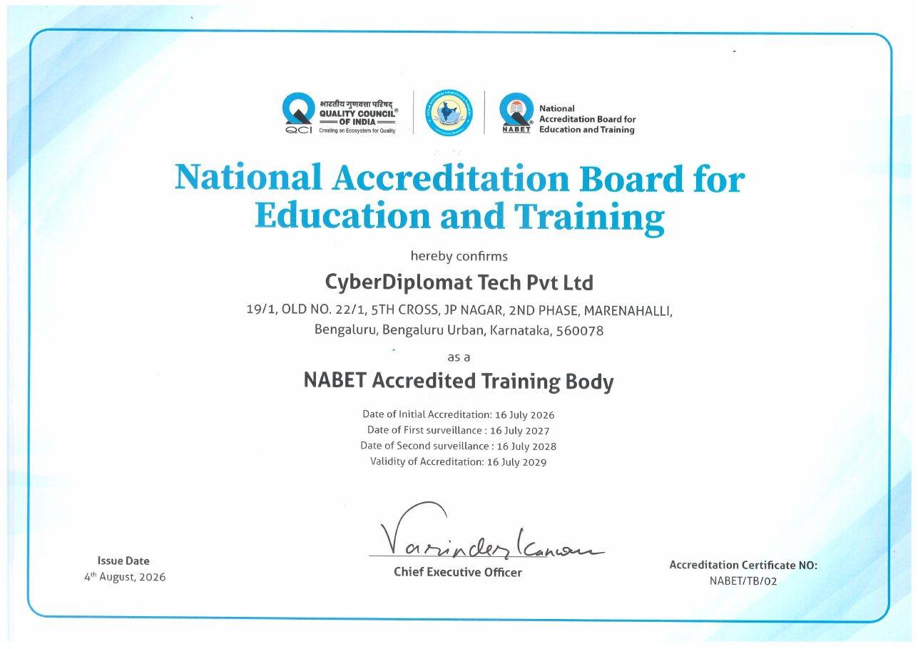 NABET Certificate of Accreditation NABET/TB/02 issued to CyberDiplomat Tech Pvt Ltd