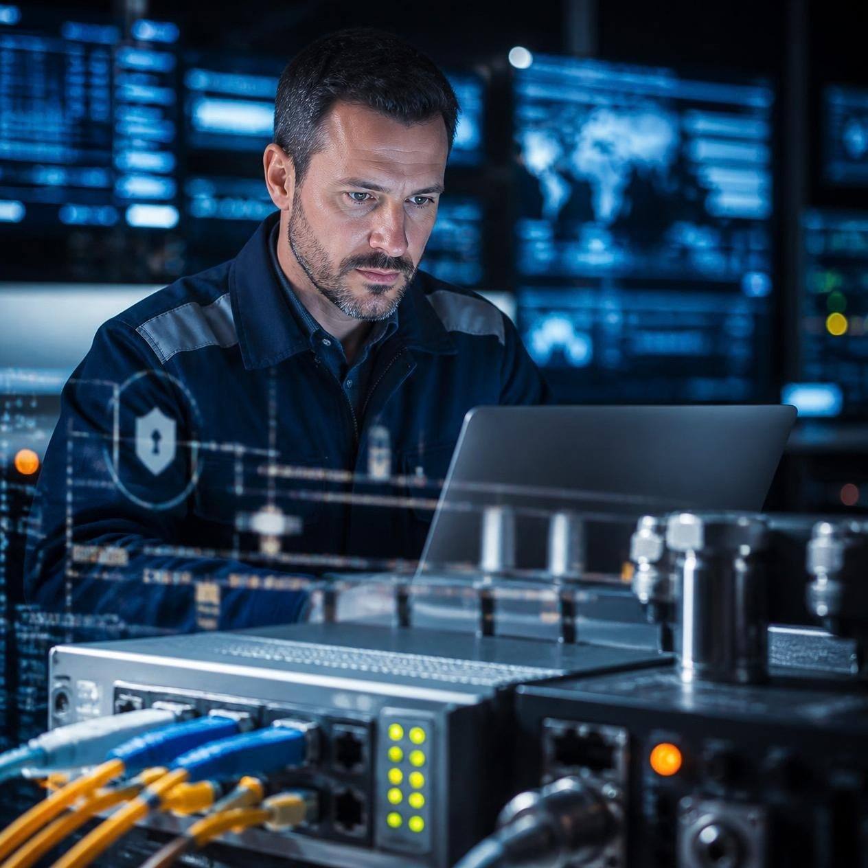 An engineer reviewing network and control-system activity