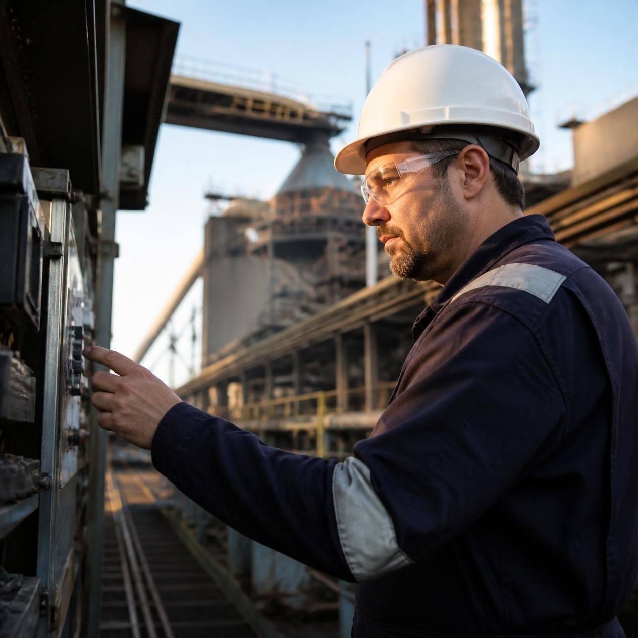 A field engineer working at an industrial control panel